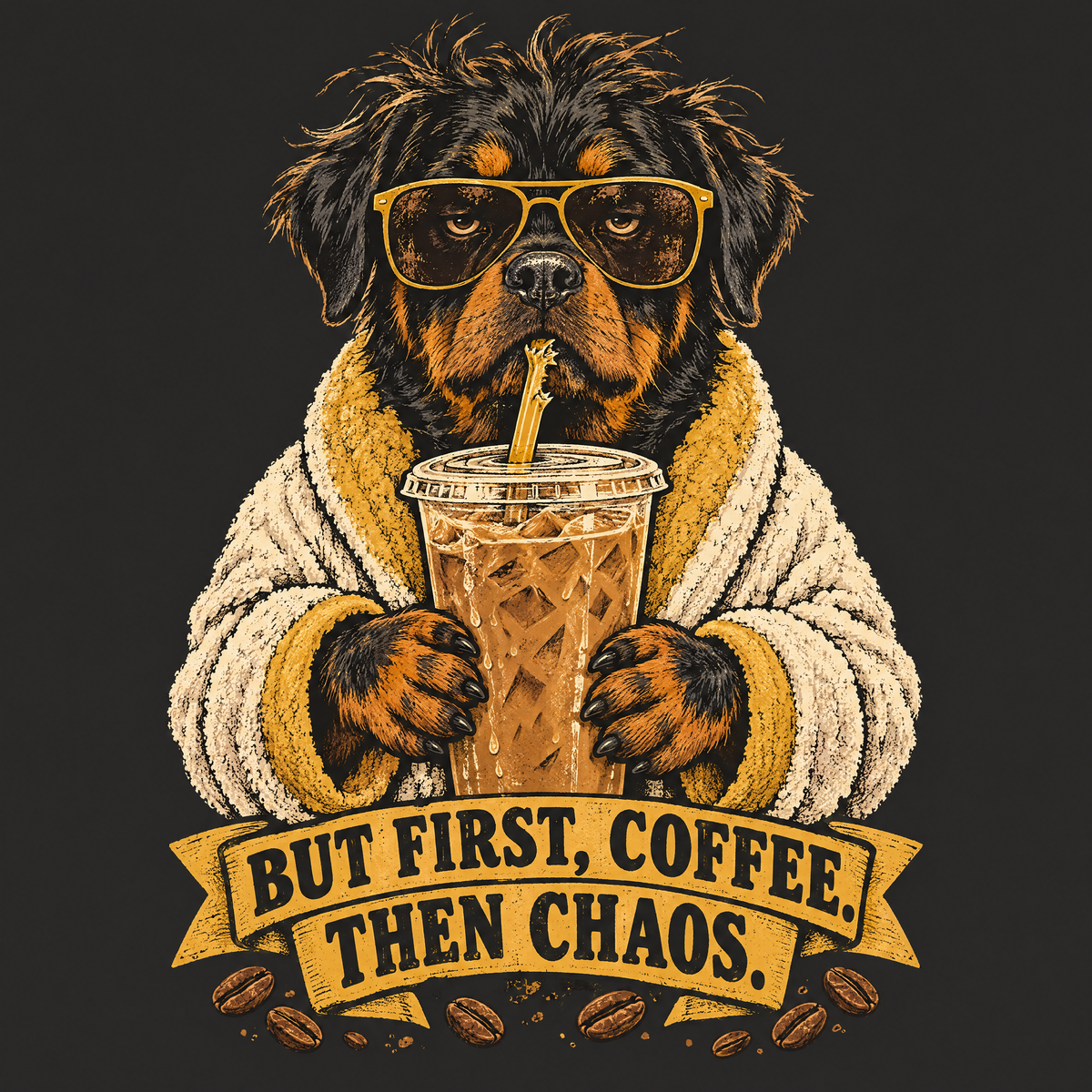 Painterly Rottweiler with an iced coffee, funny coffee tee