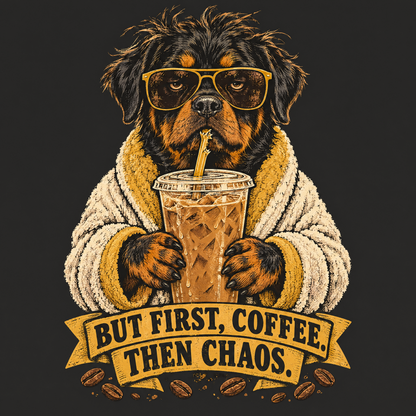 Painterly Rottweiler with an iced coffee, funny coffee tee