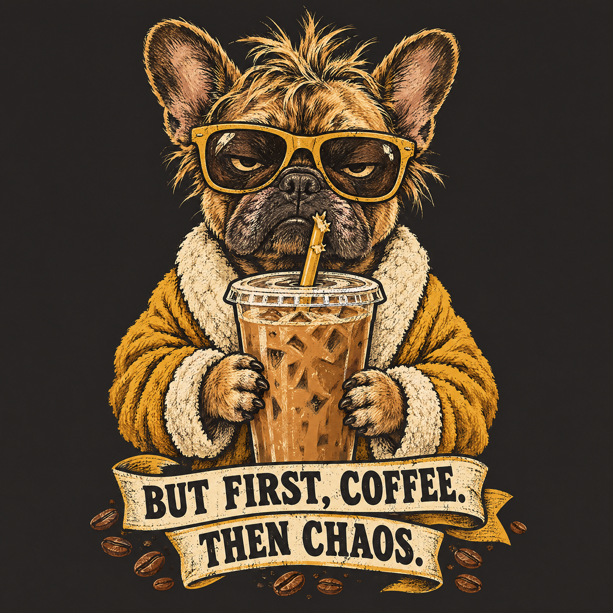 Painterly French Bulldog with an iced coffee, funny coffee tee
