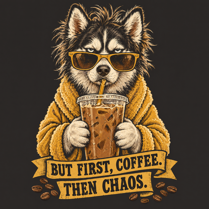 Painterly Siberian Husky with an iced coffee, funny coffee tee