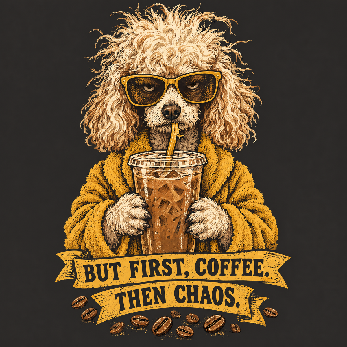 Painterly Poodle with an iced coffee, funny coffee tee