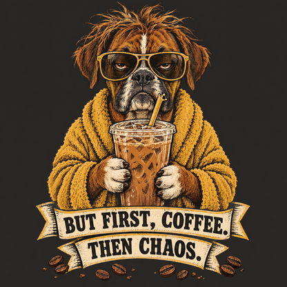 Painterly Boxer dog with an iced coffee, funny coffee tee